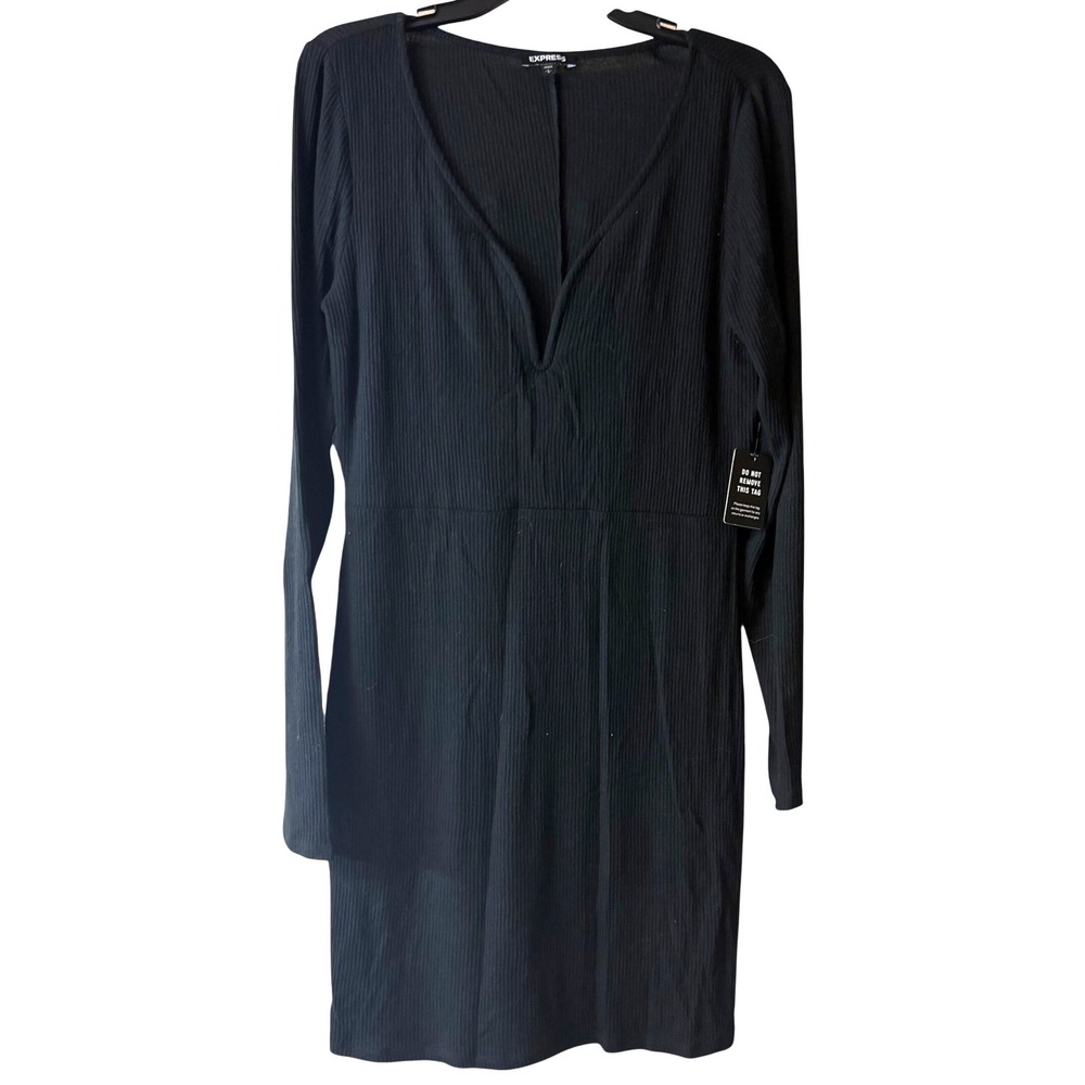 Express Womens Black Ribbed Long Sleeve VNeck Midi Dress Sz Large Whimsigoth NWT